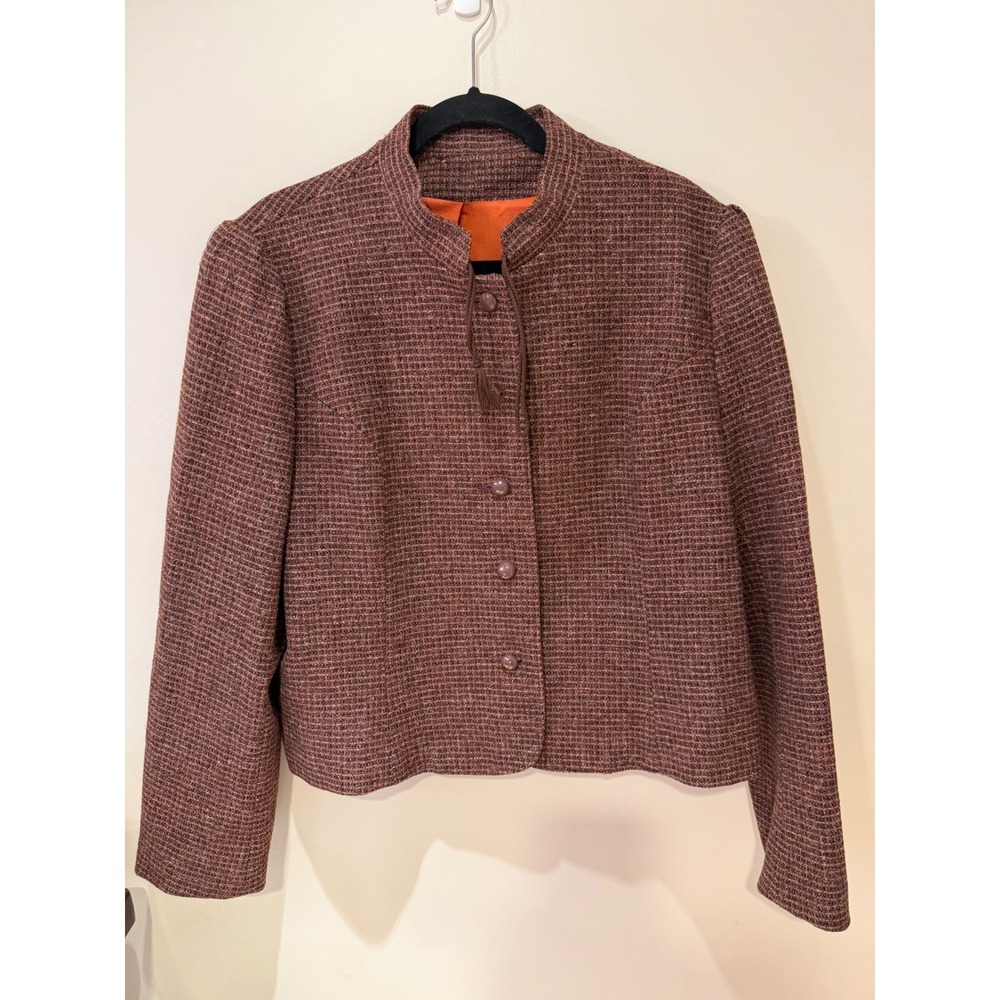 Vintage Forstmann Welsh Tweed Wool Jacket Brown Orange Plaid Mandarin Collar